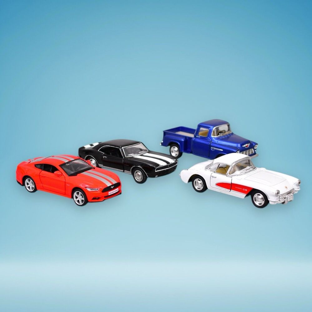 Lot Of 4 Classic Car Truck Pull Back Kinsmart 1/32 Chevy Mustang 1/34 Corvette